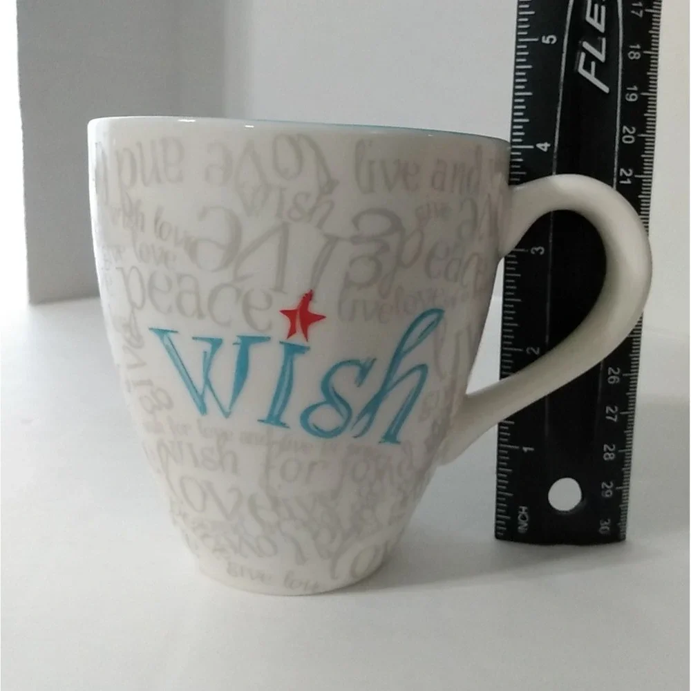 Starbucks 2005 Christmas Wish Holiday white teal gray Peace Live Love Coffee Mug